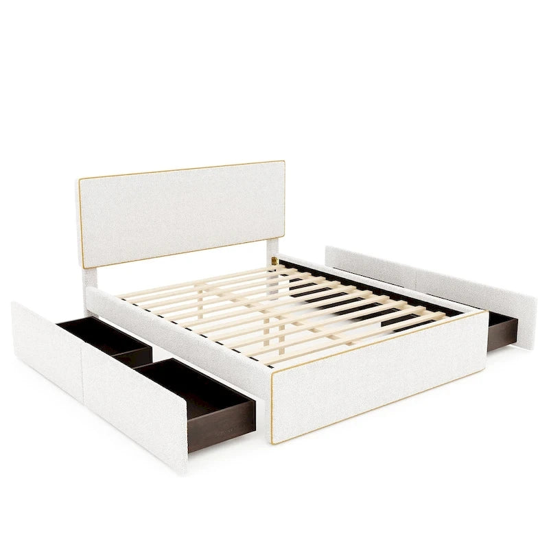Lit plateforme tapissé pleine grandeur avec 4 tiroirs de rangement | Chambre moderne