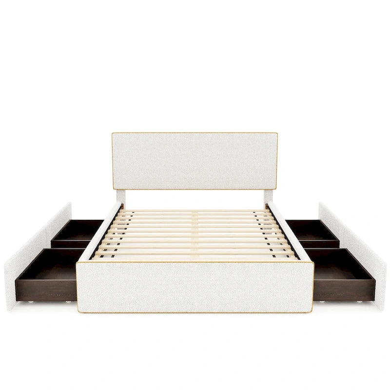 Lit plateforme tapissé pleine grandeur avec 4 tiroirs de rangement | Chambre moderne