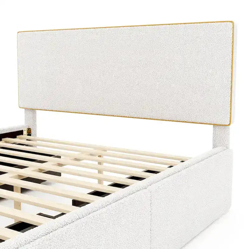 Lit plateforme tapissé pleine grandeur avec 4 tiroirs de rangement | Chambre moderne