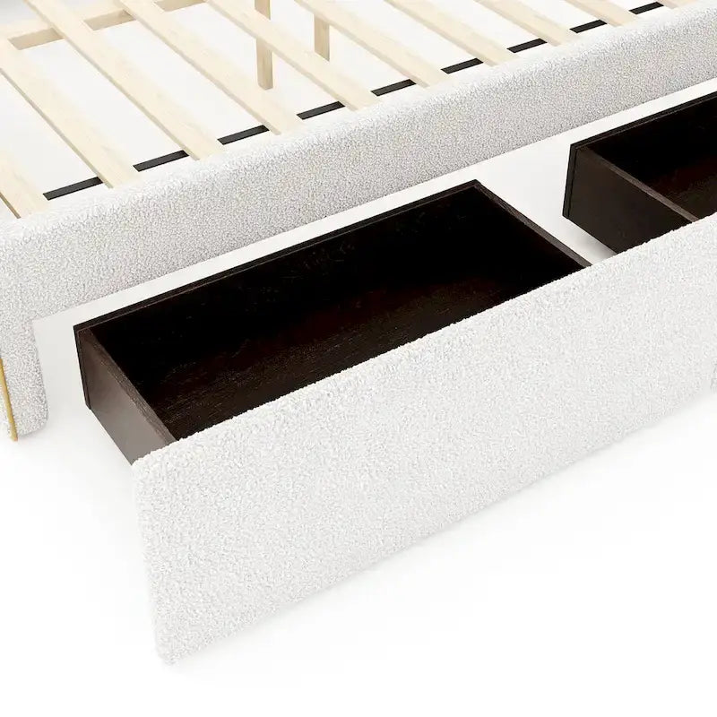 Lit plateforme tapissé pleine grandeur avec 4 tiroirs de rangement | Chambre moderne