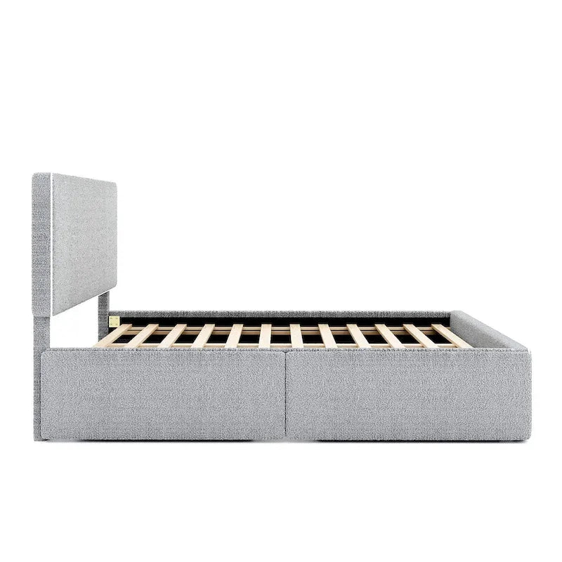 Lit plateforme tapissé pleine grandeur avec 4 tiroirs de rangement | Chambre moderne