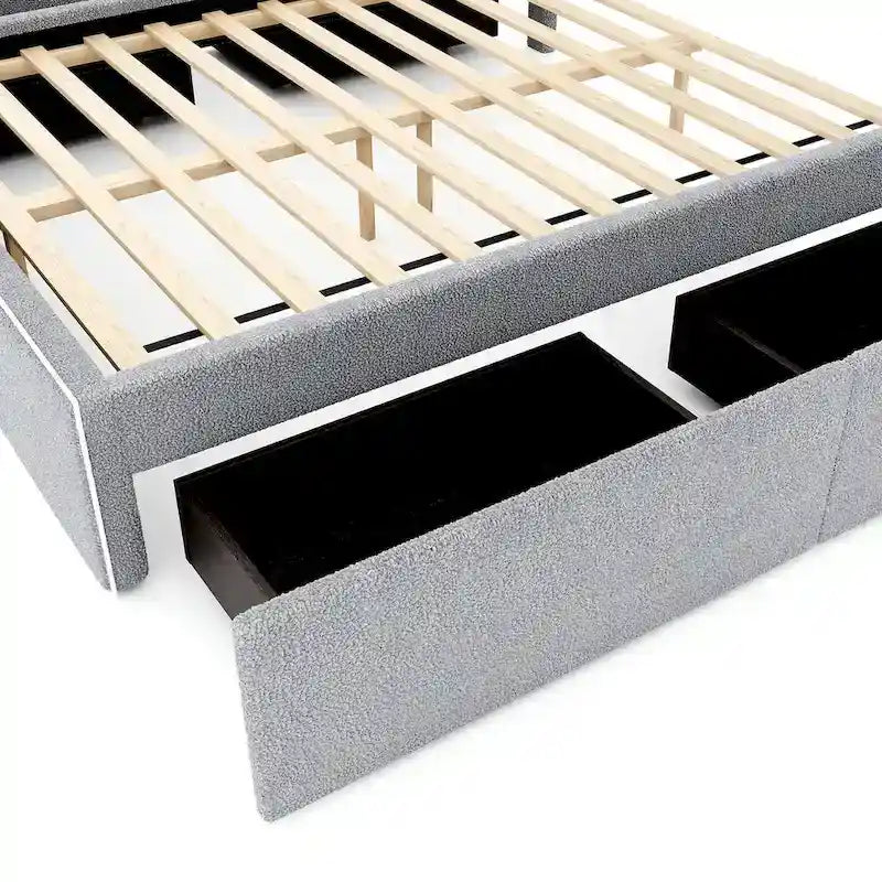Lit plateforme tapissé pleine grandeur avec 4 tiroirs de rangement | Chambre moderne