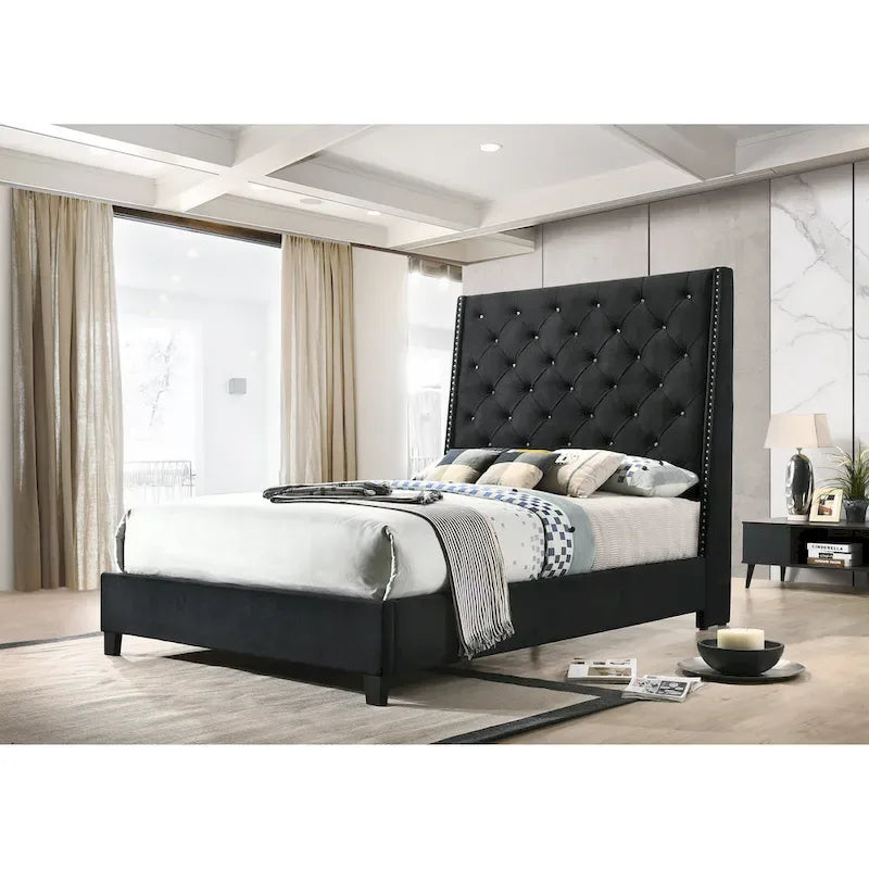 Lit plateforme capitonné en velours noir | Meubles de chambre à coucher glamour