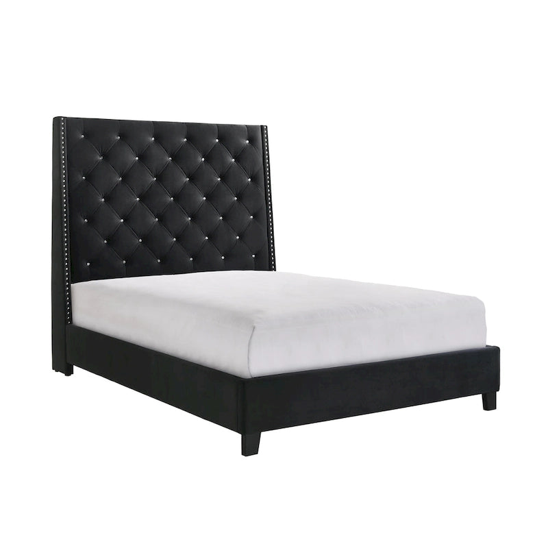 Lit plateforme capitonné en velours noir | Meubles de chambre à coucher glamour