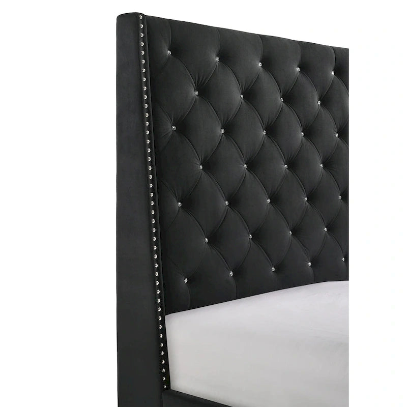 Lit plateforme capitonné en velours noir | Meubles de chambre à coucher glamour
