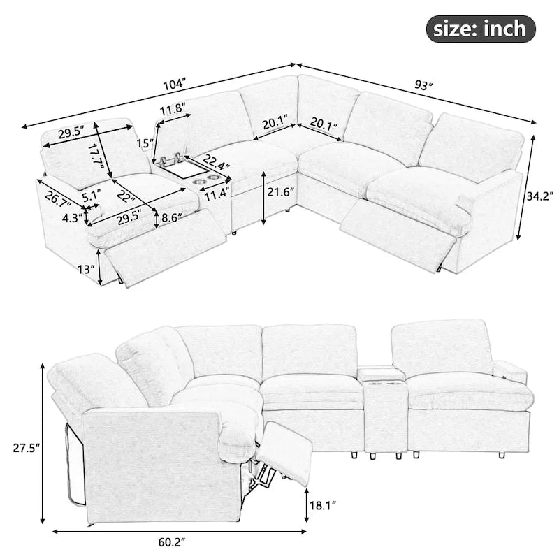 Canapé d'angle inclinable électrique 104 places Canapé de salon de cinéma maison sectionnel avec boîte de rangement, porte-gobelets, ports USB et Powe