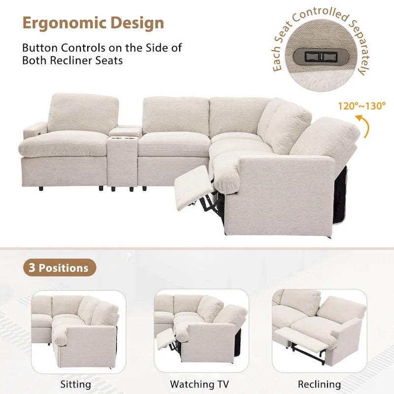 Canapé d'angle inclinable électrique 104 places Canapé de salon de cinéma maison sectionnel avec boîte de rangement, porte-gobelets, ports USB et Powe
