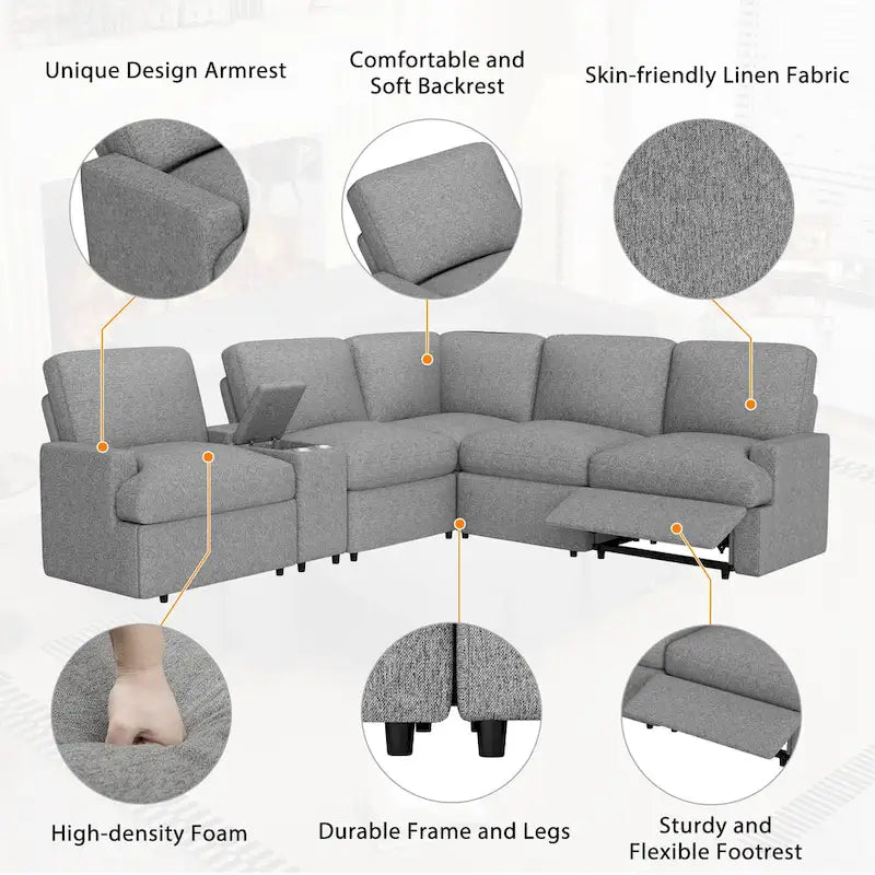Canapé d'angle inclinable électrique 104 places Canapé de salon de cinéma maison sectionnel avec boîte de rangement, porte-gobelets, ports USB et Powe
