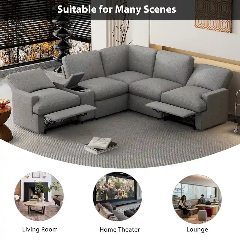 Canapé d'angle inclinable électrique 104 places Canapé de salon de cinéma maison sectionnel avec boîte de rangement, porte-gobelets, ports USB et Powe