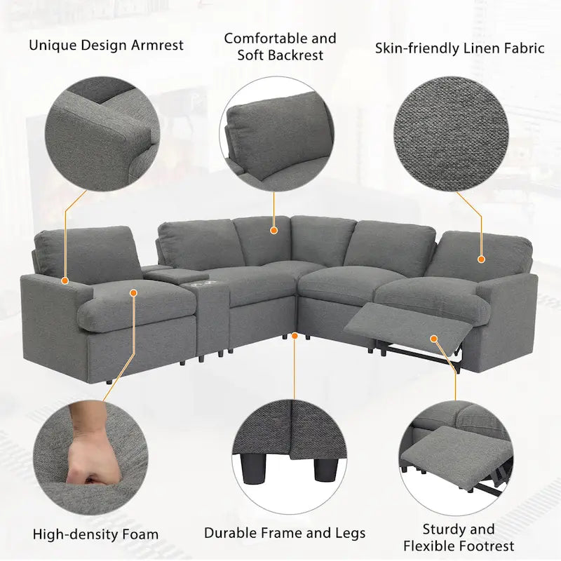 Canapé d'angle inclinable électrique 104 places Canapé de salon de cinéma maison sectionnel avec boîte de rangement, porte-gobelets, ports USB et Powe