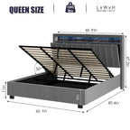 Lit Queen Size avec tête de lit de rangement relevable à vérin à gaz en velours et lumières LED