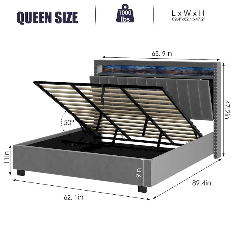 Lit Queen Size avec tête de lit de rangement relevable à vérin à gaz en velours et lumières LED