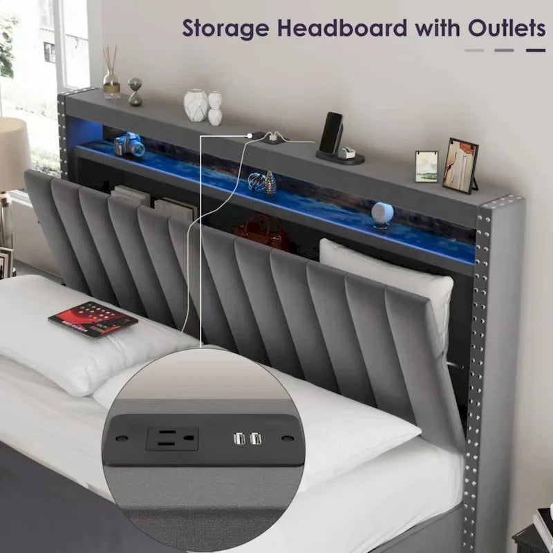 Lit Queen Size avec tête de lit de rangement relevable à vérin à gaz en velours et lumières LED