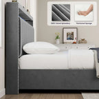 Lit Queen Size avec tête de lit de rangement relevable à vérin à gaz en velours et lumières LED