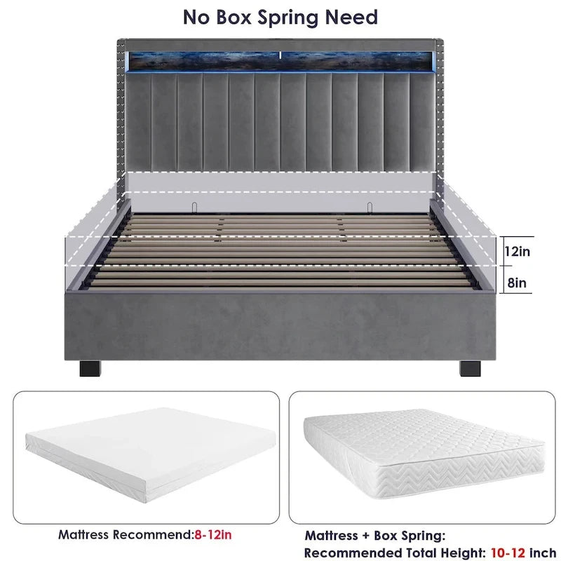 Lit Queen Size avec tête de lit de rangement relevable à vérin à gaz en velours et lumières LED