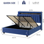 Lit Queen Size avec tête de lit de rangement relevable à vérin à gaz en velours et lumières LED