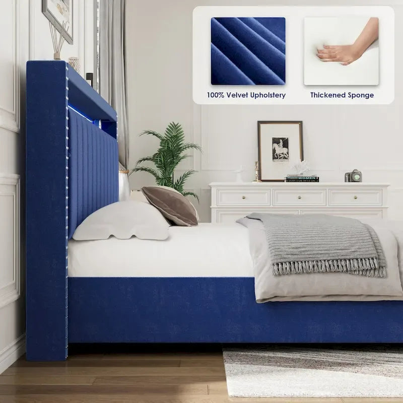 Lit Queen Size avec tête de lit de rangement relevable à vérin à gaz en velours et lumières LED