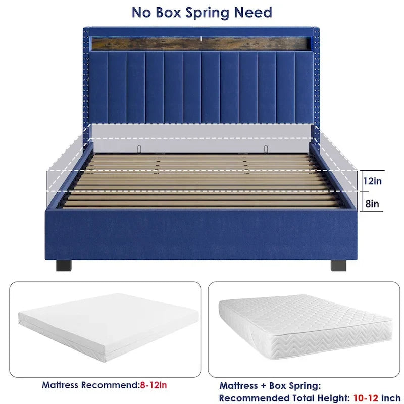 Lit Queen Size avec tête de lit de rangement relevable à vérin à gaz en velours et lumières LED