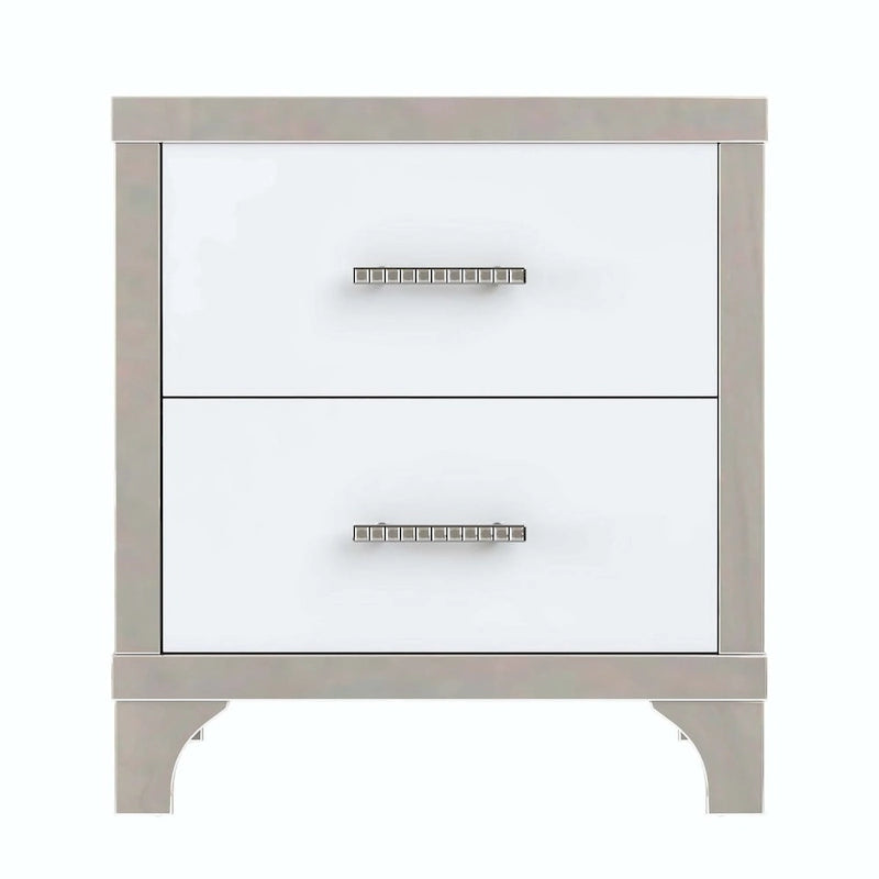 Table de chevet élégante à finition brillante et miroir, avec poignée en métal