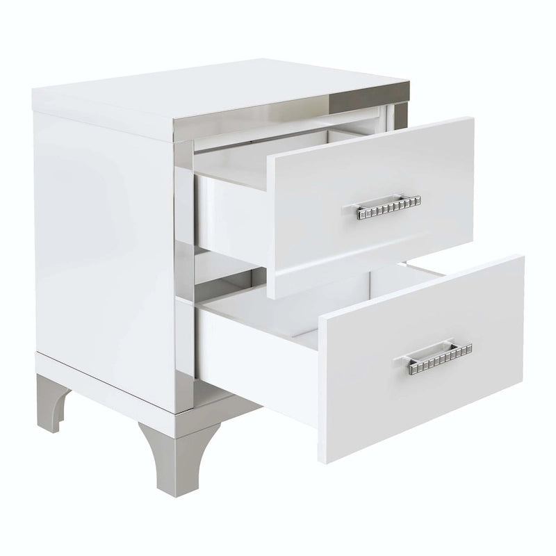 Table de chevet élégante à finition brillante et miroir, avec poignée en métal