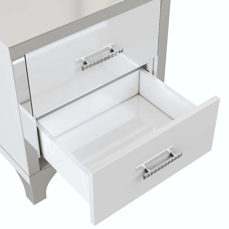 Table de chevet élégante à finition brillante et miroir, avec poignée en métal