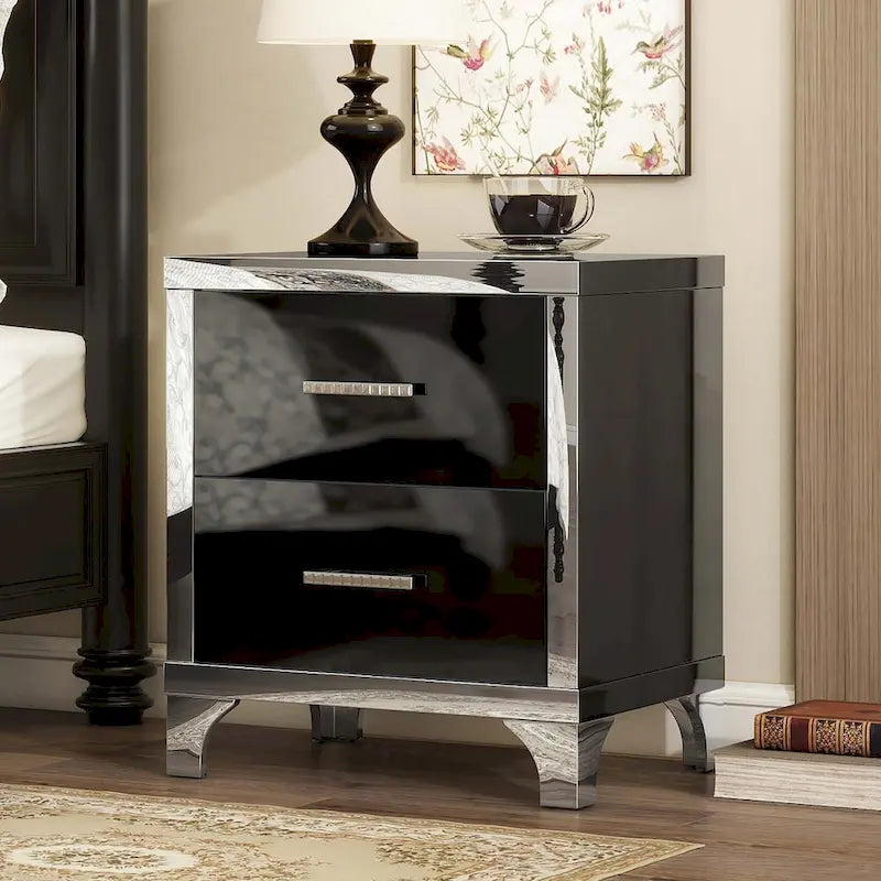 Table de chevet élégante à finition brillante et miroir, avec poignée en métal