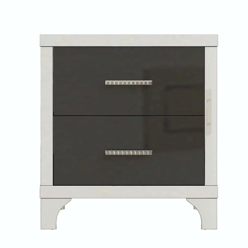 Table de chevet élégante à finition brillante et miroir, avec poignée en métal