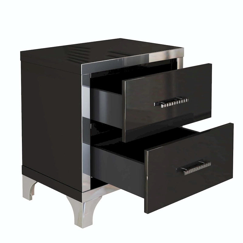 Table de chevet élégante à finition brillante et miroir, avec poignée en métal