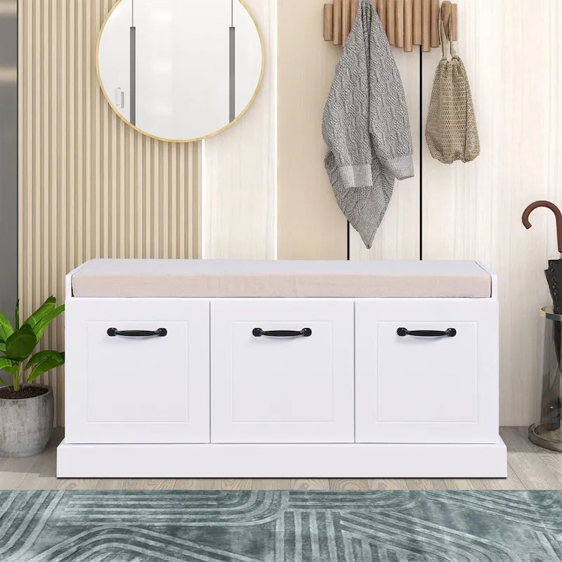 Banc de rangement minimaliste en bois avec coussin d'assise, blanc