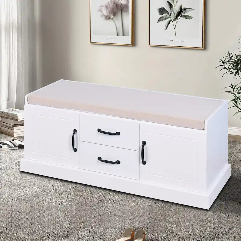 Banc de rangement minimaliste en bois avec coussin d'assise, blanc