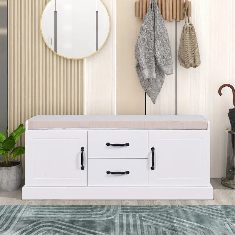 Banc de rangement minimaliste en bois avec coussin d'assise, blanc