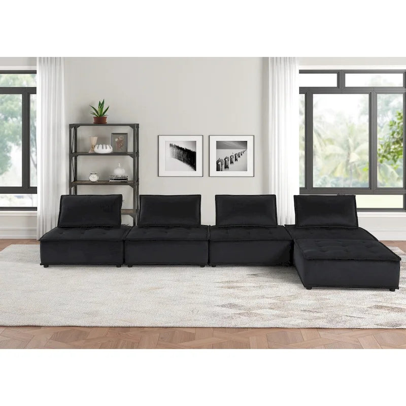Canapé d'angle 5 places en velours avec pouf | Canapé modulable en L