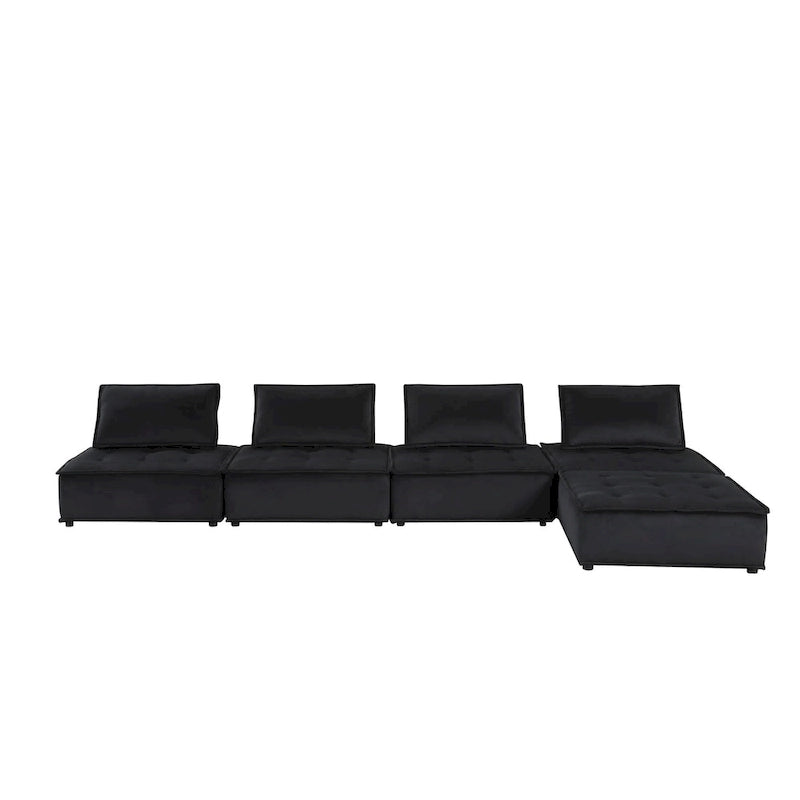Canapé d'angle 5 places en velours avec pouf | Canapé modulable en L