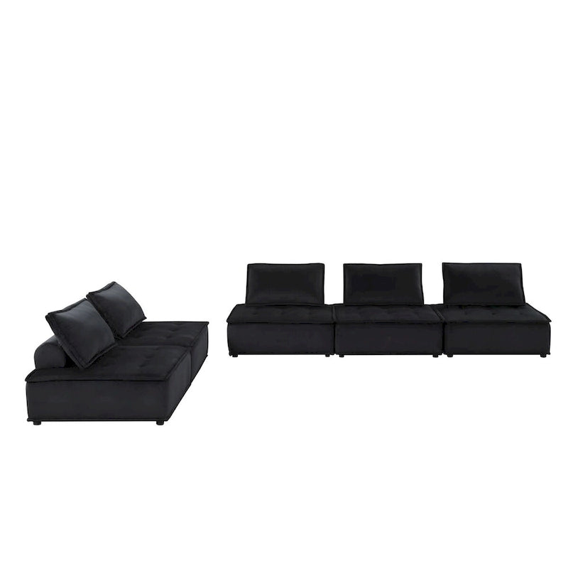 Canapé d'angle 5 places en velours avec pouf | Canapé modulable en L