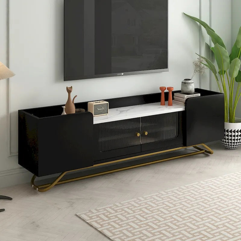 Meuble TV avec portes en verre cannelé | Meuble de divertissement | Console média moderne