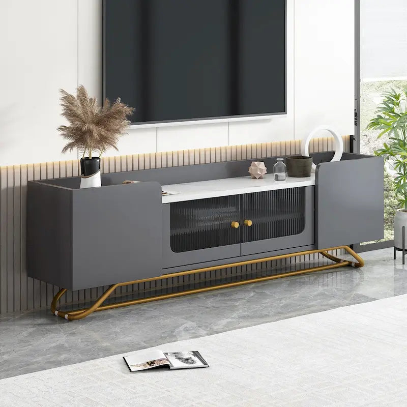 Meuble TV avec portes en verre cannelé | Meuble de divertissement | Console média moderne