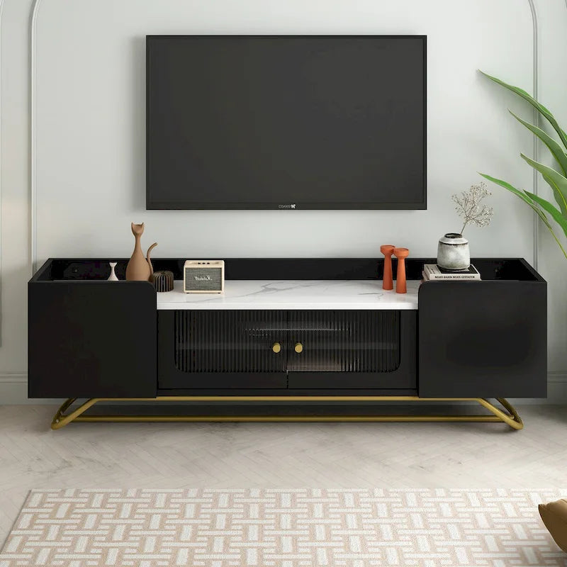 Meuble TV avec portes en verre cannelé | Meuble de divertissement | Console média moderne