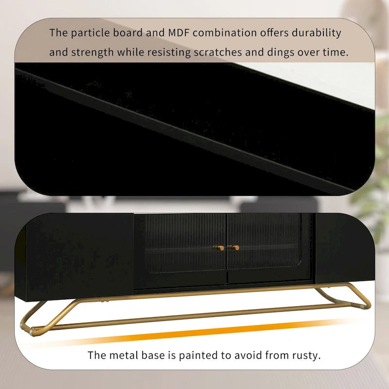 Meuble TV avec portes en verre cannelé | Meuble de divertissement | Console média moderne