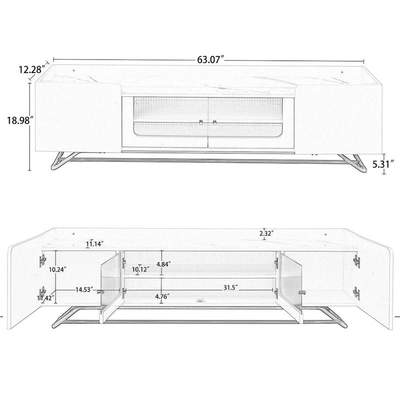 Meuble TV avec portes en verre cannelé | Meuble de divertissement | Console média moderne
