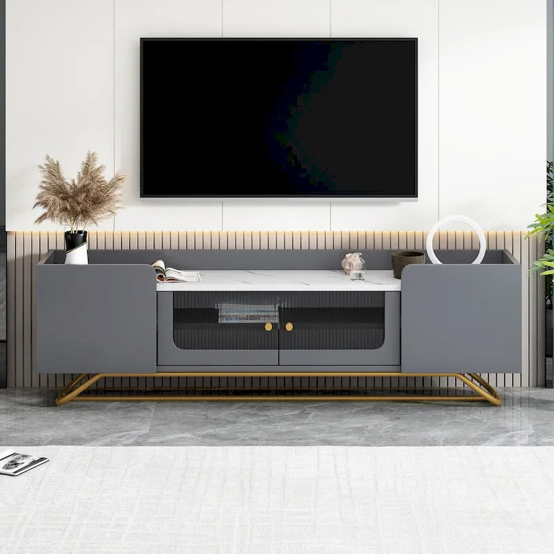 Meuble TV avec portes en verre cannelé | Meuble de divertissement | Console média moderne