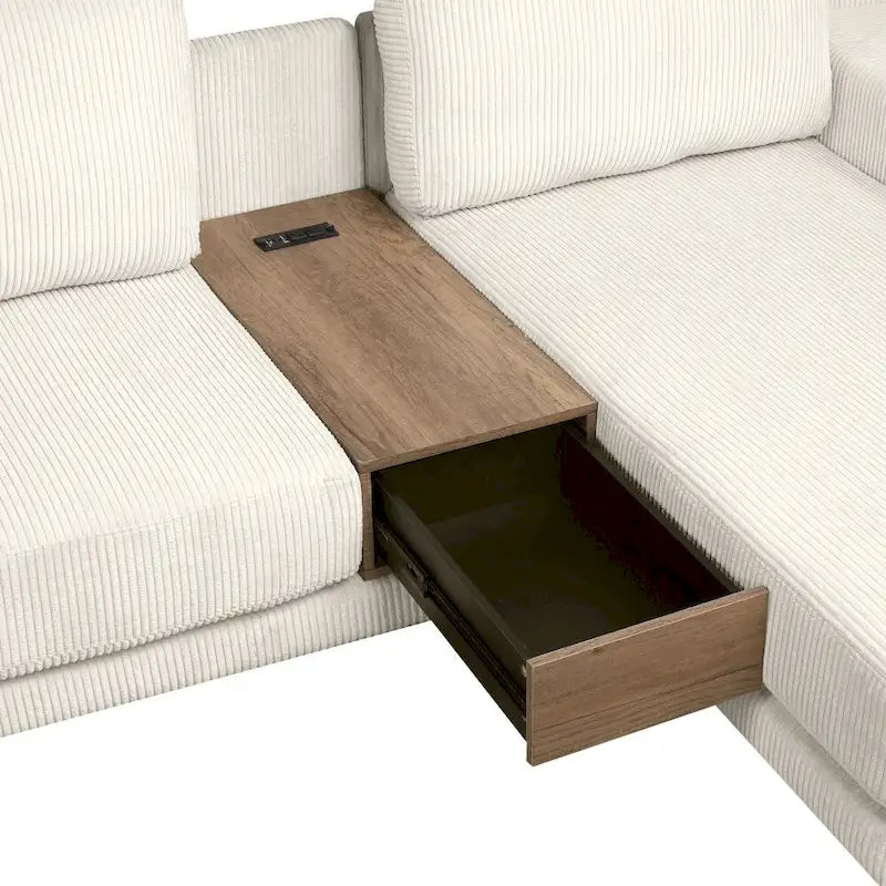 Canapé d'angle en forme de L avec deux ports USB et deux prises de courant, un tiroir de rangement et une méridienne réversible