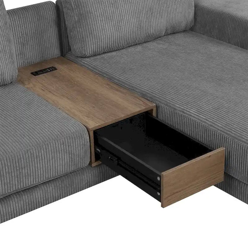 Canapé d'angle en forme de L avec deux ports USB et deux prises de courant, un tiroir de rangement et une méridienne réversible