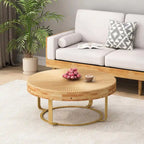 Table basse ronde moderne avec motif en bois sculpté et pieds en métal