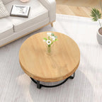Table basse ronde moderne avec motif en bois sculpté et pieds en métal