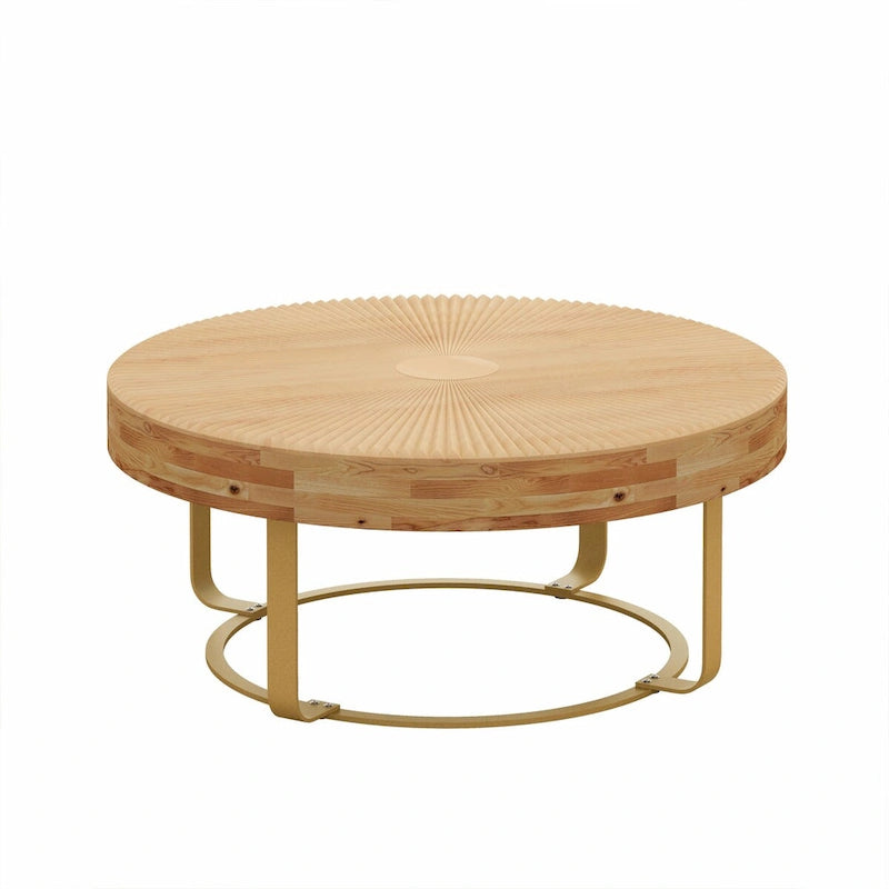 Table basse ronde moderne avec motif en bois sculpté et pieds en métal