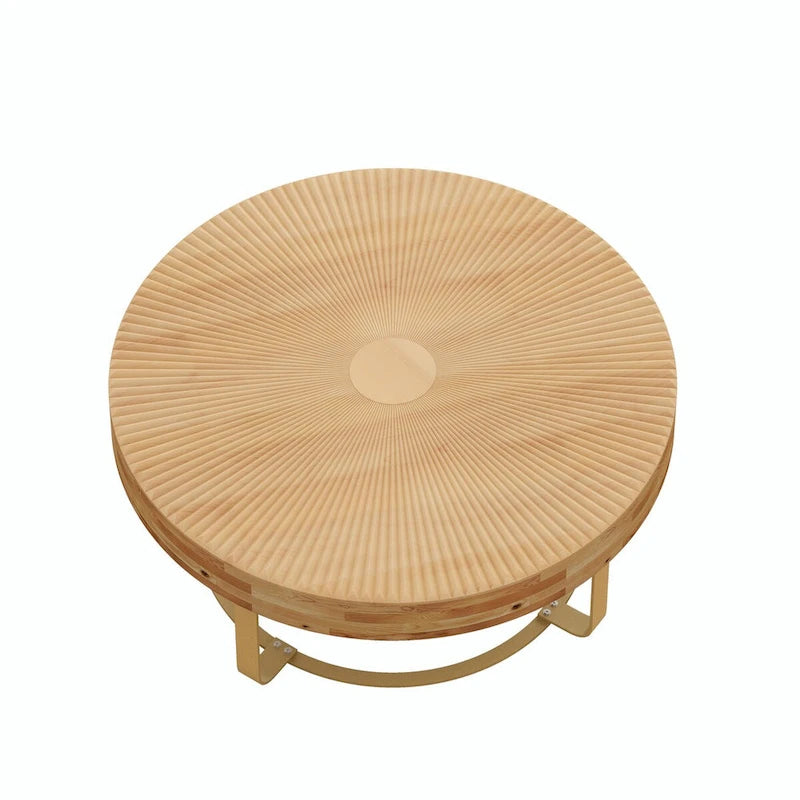 Table basse ronde moderne avec motif en bois sculpté et pieds en métal