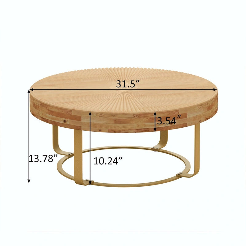 Table basse ronde moderne avec motif en bois sculpté et pieds en métal