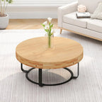 Table basse ronde moderne avec motif en bois sculpté et pieds en métal
