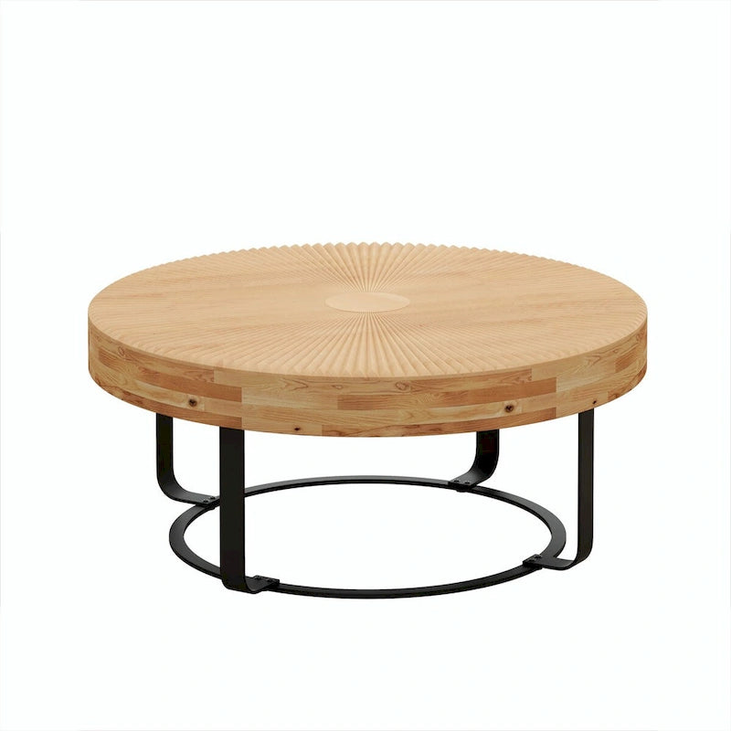 Table basse ronde moderne avec motif en bois sculpté et pieds en métal