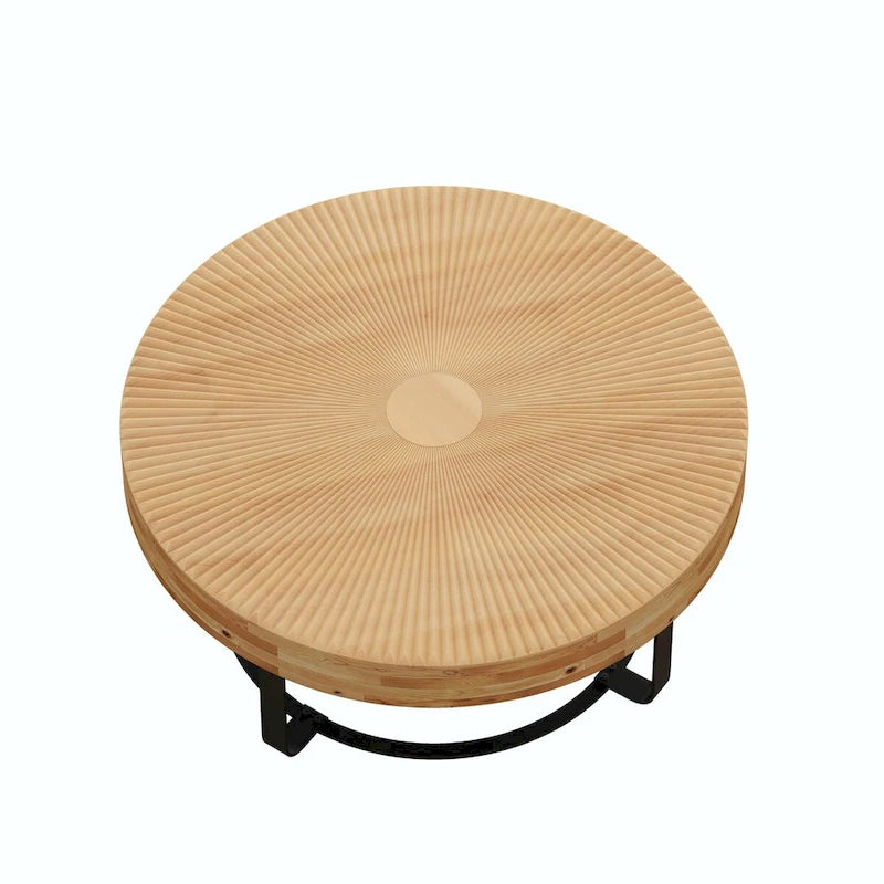 Table basse ronde moderne avec motif en bois sculpté et pieds en métal
